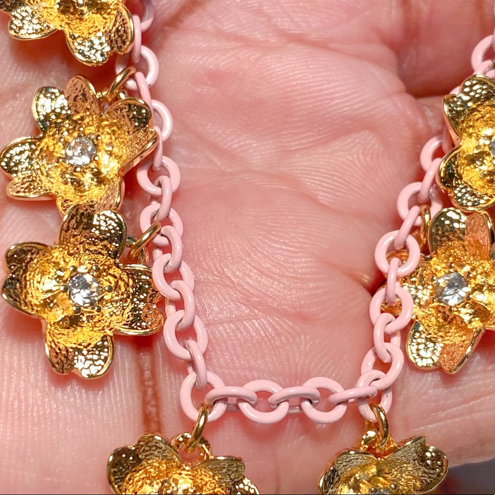 New Carolee Necklace with a Long Pink Chain and Gold Flower Charm Accents - Picture 9 of 11